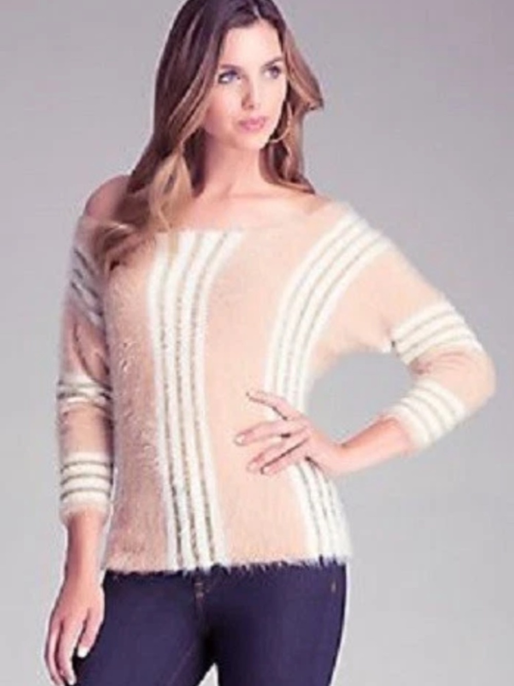 NEW Bebe beige pink gold shimmery one shoulder fuzz sweater top